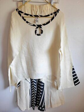 AZIZ Women's 2-Piece Set Blouse & Skirt Size L Cream/Ivory Long Sleeve Keyhole C